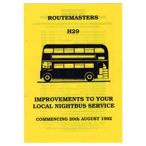 Route H29 Night Bus Timetable Leaflet - 20th August 1992