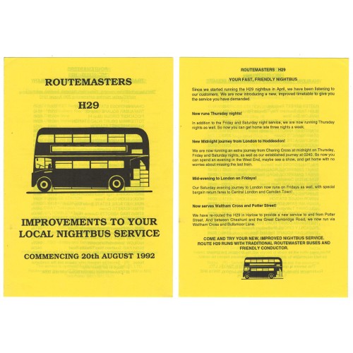 Route H29 Night Bus Timetable Leaflet - 20th August 1992