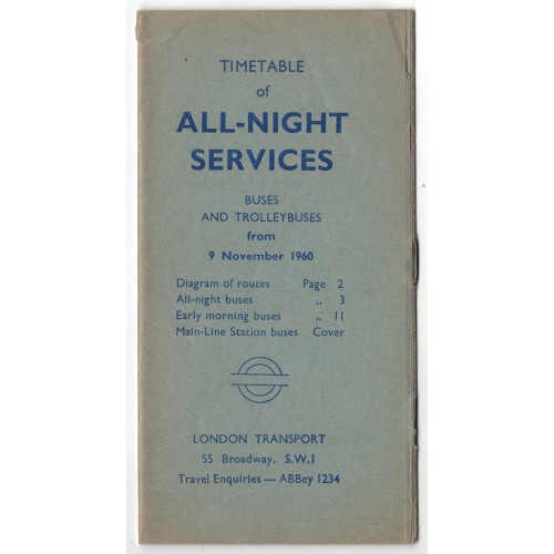 London Transport Night Bus Timetable Booklet 9th November 1960
