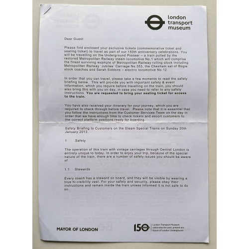 Underground Pioneer - 150th Anniversary Celebration brochure & ticket 2013