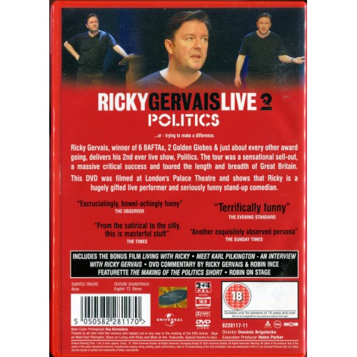 Ricky Gervais Live 2: Politics (DVD 2004) Rating 18 Ricky Gervais Live 2: Politics (DVD 2004) Rating 18