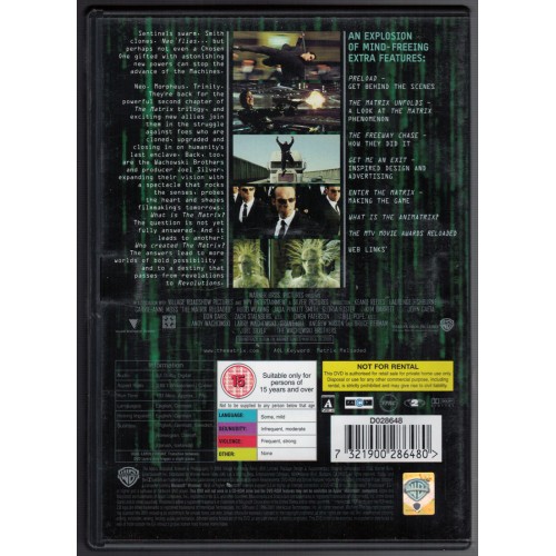 Matrix Reloaded (DVD 2003) Rating 15 - 2 Disc Set