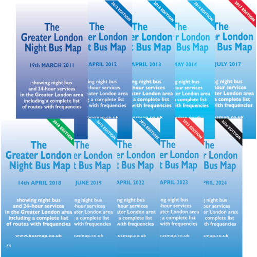 The Greater London Night Bus Map - Complete Printed Set of 10 - (2011-2024)