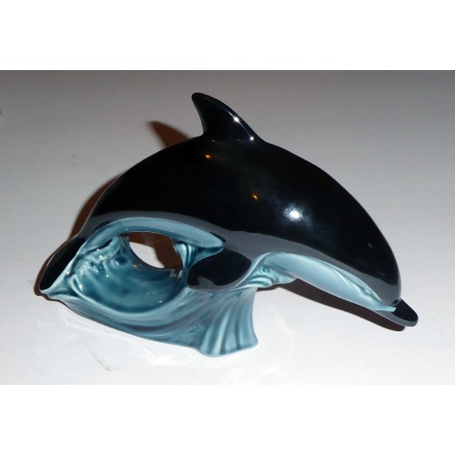 Vintage Poole Pottery Jade Glazed Dolphin Figurine on Sea Wave- 15 cm tall