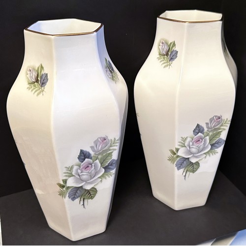 Crown Staffordshire Fine Bone China Floral Hexagonal Vases - Pair