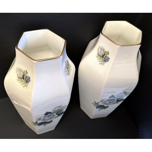 Crown Staffordshire Fine Bone China Floral Hexagonal Vases - Pair