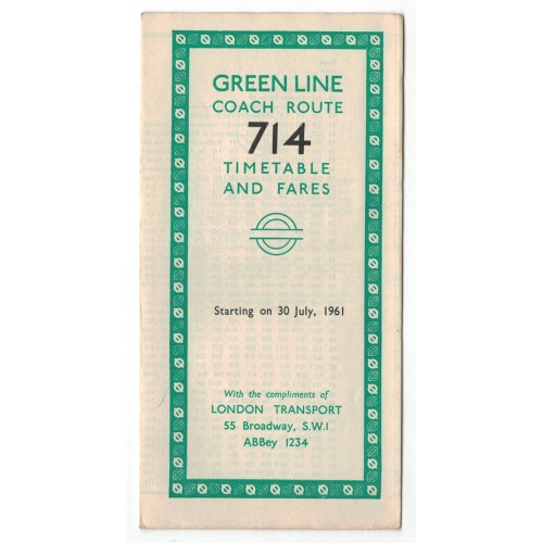 London Transport Green Line Coach 714 Timetable & Fares Leaflet 30/7/61